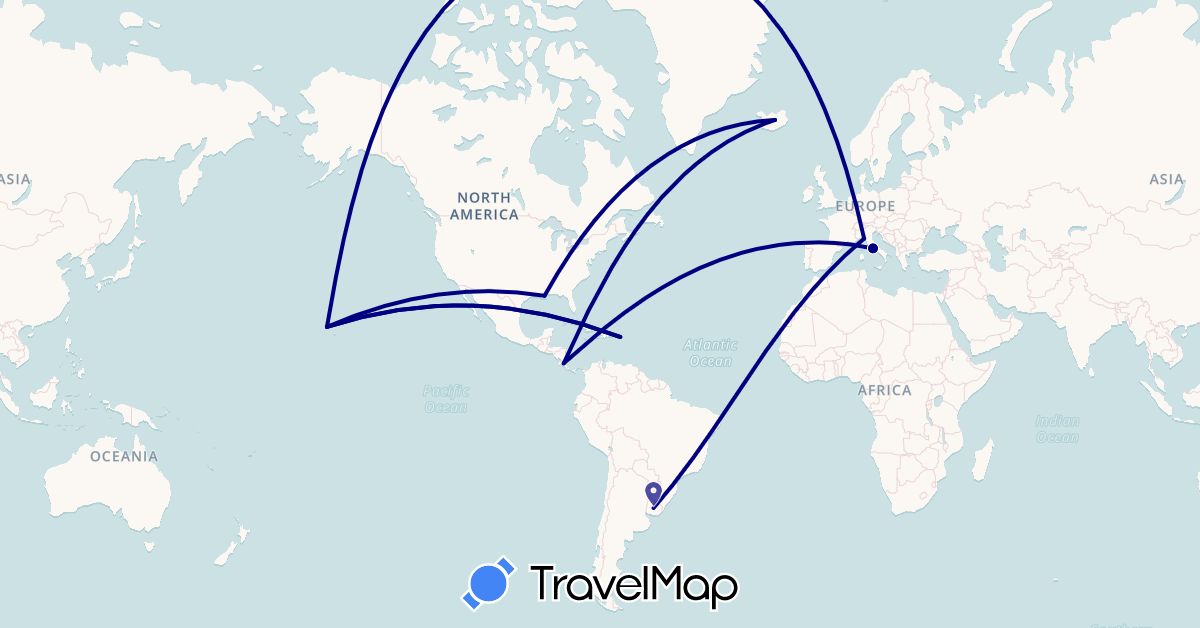 TravelMap itinerary: driving in Costa Rica, Iceland, Italy, United States, Uruguay (Europe, North America, South America)